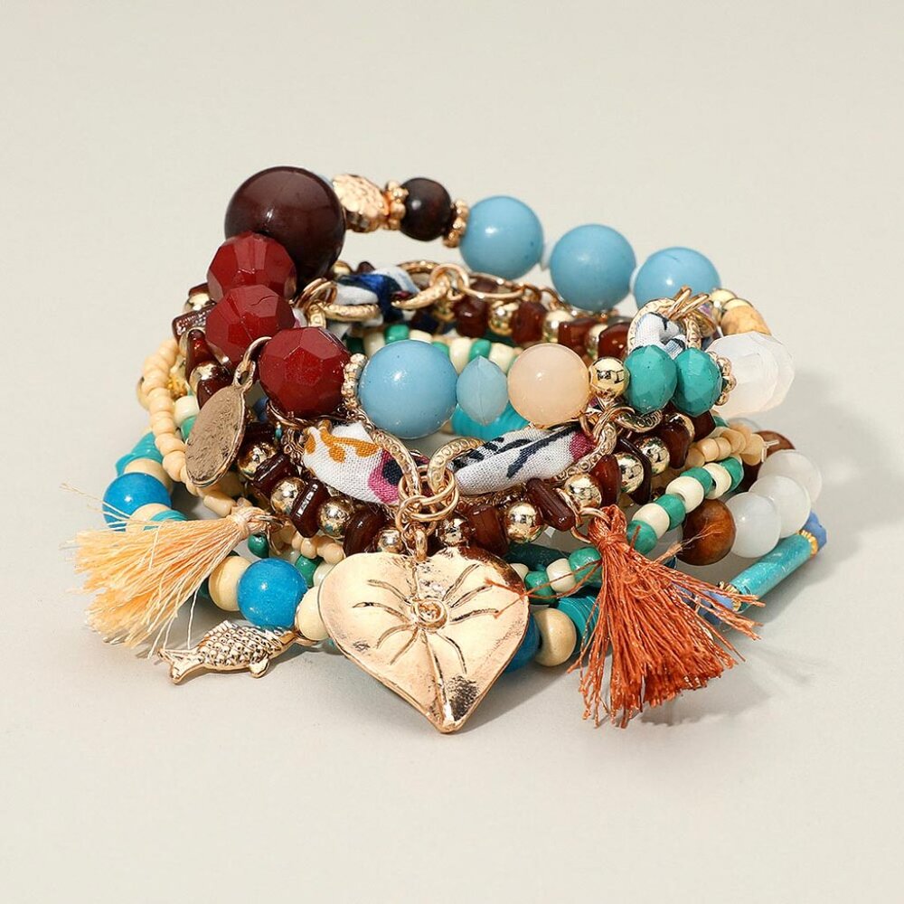 Deluxe 10PC Boho Stack Beaded Bracelet Set Gold Filled Charm Tassels India NEW - Picture 3 of 6